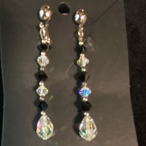 Jet Black & Clear AB Faceted Crystals with Silver-tone Spacers. Clip-on Earrings